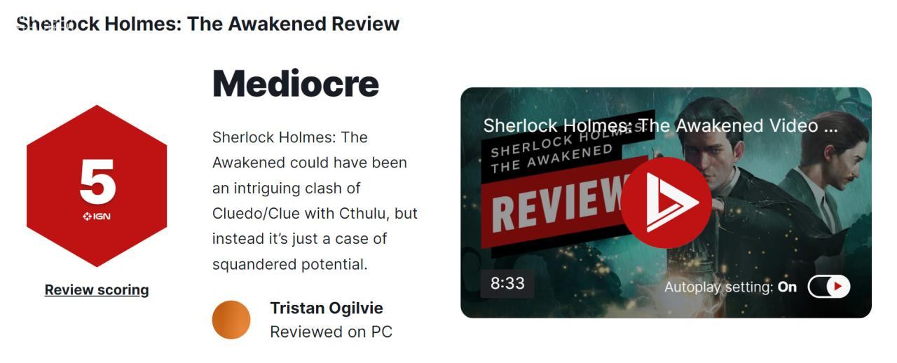 《福尔摩斯觉醒》评分出炉 IGN 5分