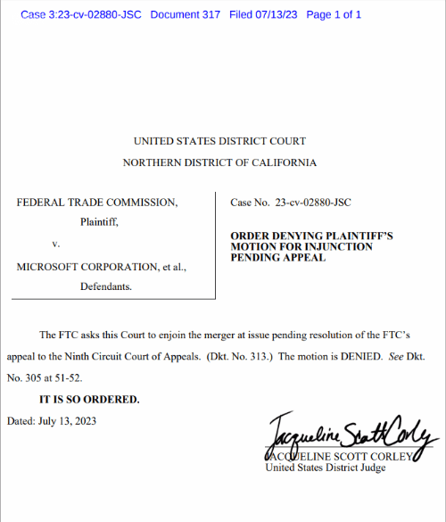 微软收购成了！FTC上诉请求被法官驳回